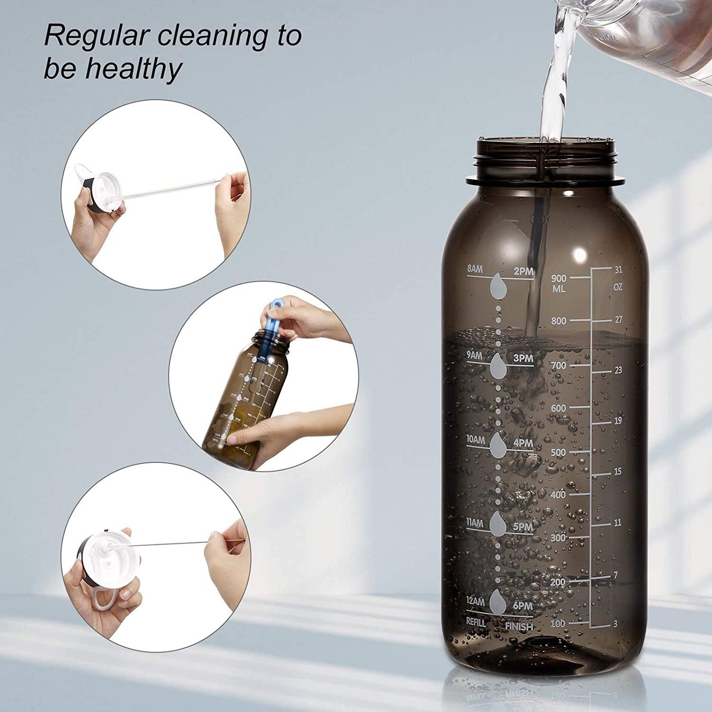 JIMACRO Water Bottle, BOTTLED JOY 1 Litre Water Bottle with Straw and Handle BPA-Free, 32 Oz Daily Water Intake Bottle with Time Markings Tracker to Remind the Drinking Time, Ideal for Hydration