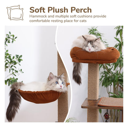 FUKUMARU Cat Tree, 4 in 1 Large Modern Cats Tower with Jute Scratching Post and Hammock, Wood Cat Condo with silvervine Balls, Brown Cat Climber Stand Playhouse for Indoor Cats, Retro Style