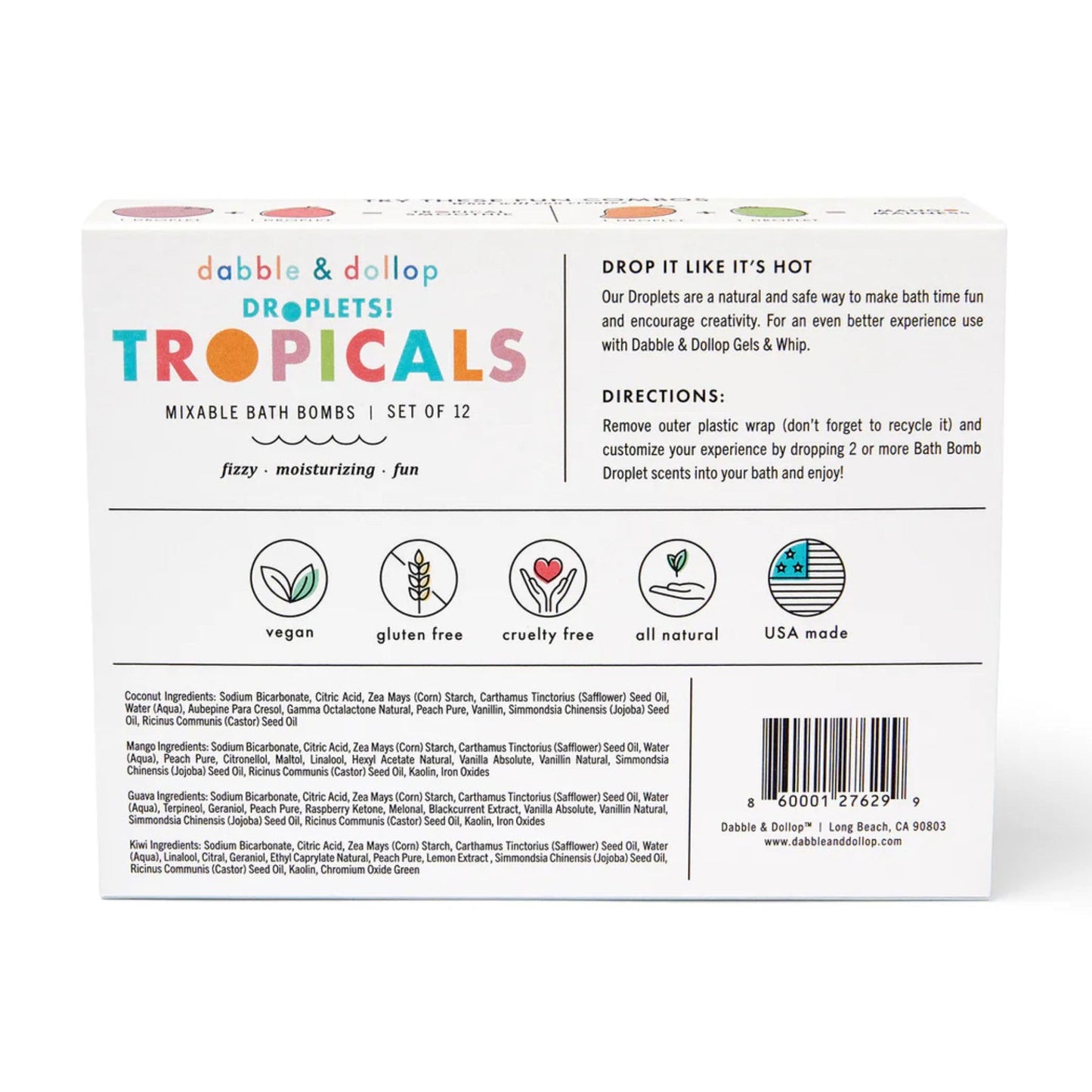 Dabble & Dollop Bath Bombs, 100% Natural Bath Bombs for Kids, Tropical Scents - USA Made, Moisturizing & Fun Droplets, Paraben & Sulfate Free, Vegan, Gluten-Free (Set of 12)