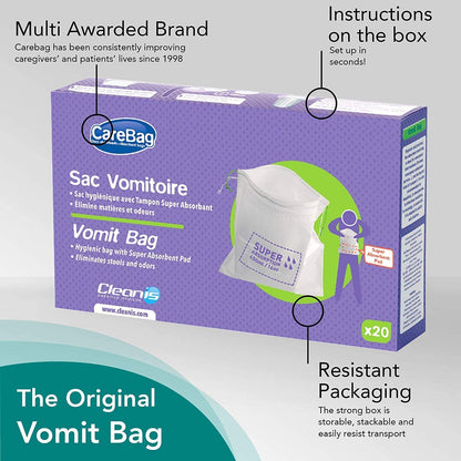 Cleanis The Original Carebag Emesis Bag with Super Absorbent Pouch- Absorbs 16 oz, No More Leaks and Splashes- Single Use- Reduces Odors- Easy Disposal, 20 Vomit Bags