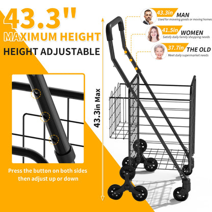 Kiffler Grocery Shopping Cart with 360° Rolling Swivel Wheels Stair Climber Utility Cart Easily Collapsible Cart with Tri-Wheels, 66lb Extended Foam Cover, Trolley for Stair, Laundry, Travel (Black)