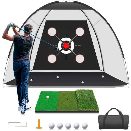KLAODOT Golf Net with Practice Mat,Golf Hitting Aid Nets 10x7FT for Backyard Driving Chipping Training Swing with Target Mat Balls for Outdoor Indoor，Gifts for Men Dad Him and Golfer