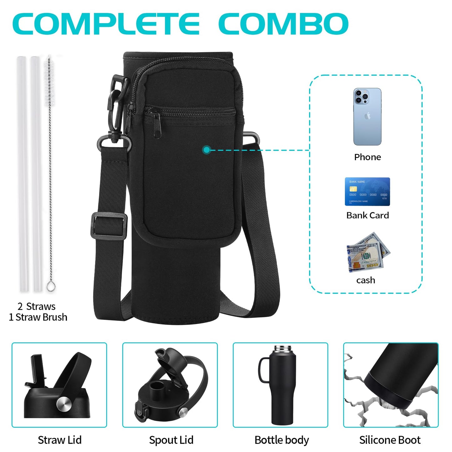 32 40 OZ Stainless-Steel Cup with Handle - Vacuum Insulated Water Bottles with Straw, Strap Carrier Bag & Protective Boot, Leak Proof Coffee Tumbler Thermo Flask Cups for Car Office Gym