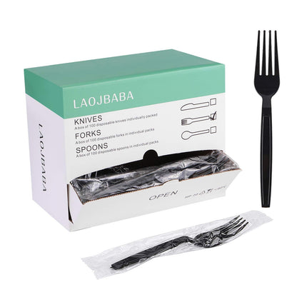 Laojbaba Plastic Fork Disposable Individually Packaged Forks Black 7-Inch Commercial Take Away Fork,Super Hard Mass Heavy Individually Wrapped Fork 100 PCS