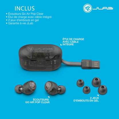 JLab Go Air Pop True Wireless Earbuds, in Ear Headphones, Bluetooth Earphones, Ear Buds with 32H Playtime, Bluetooth Earbuds with Microphone, USB Charging Case, Dual Connect, EQ3 Sound, Clear