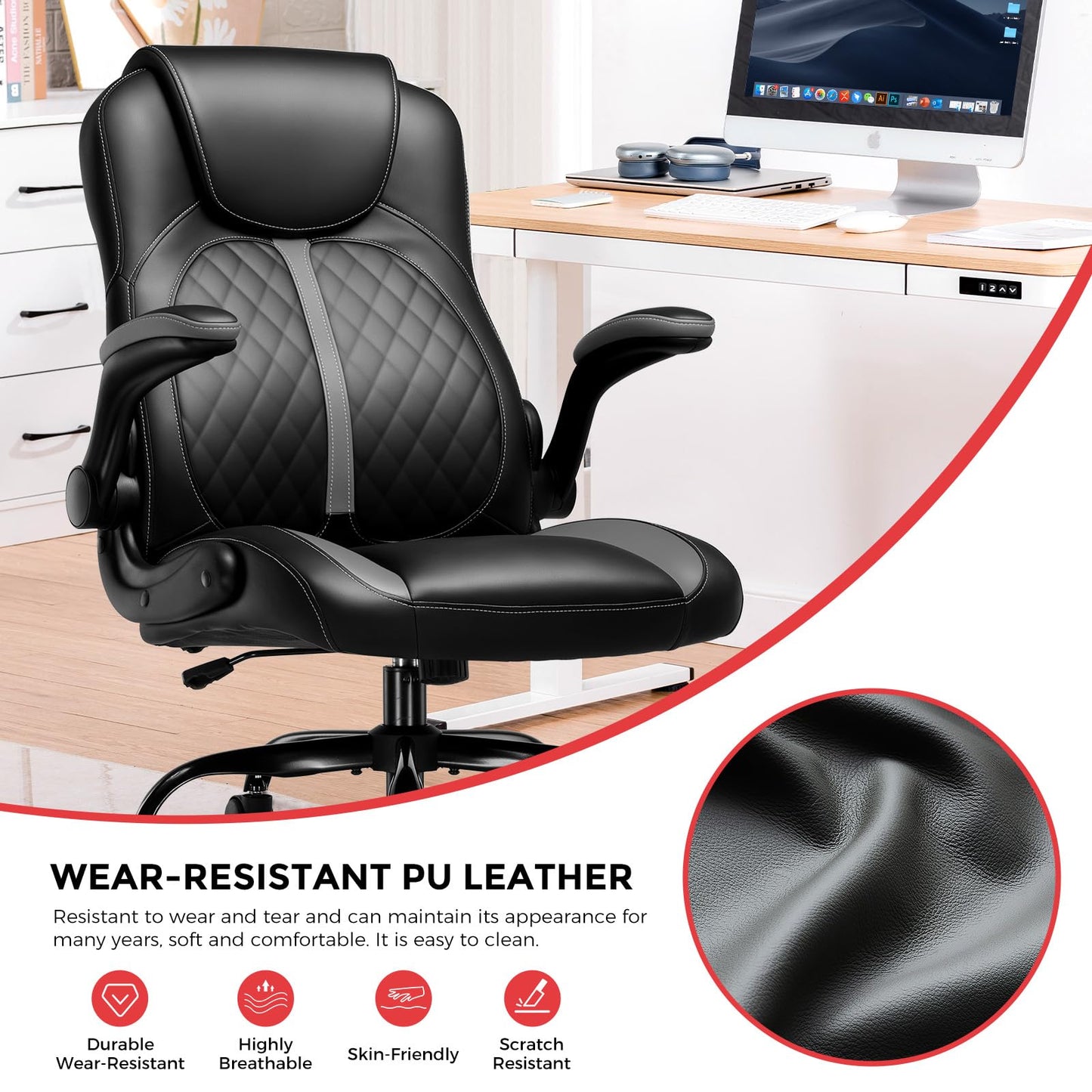 GTRACING Office Computer Gaming Chair Ergonomic Desk Chair for Adults with Lumbar Support Flip-Up Arms Adjustable Height Swivel Wheels PU Leather Executive Design for Short People Use, Gray