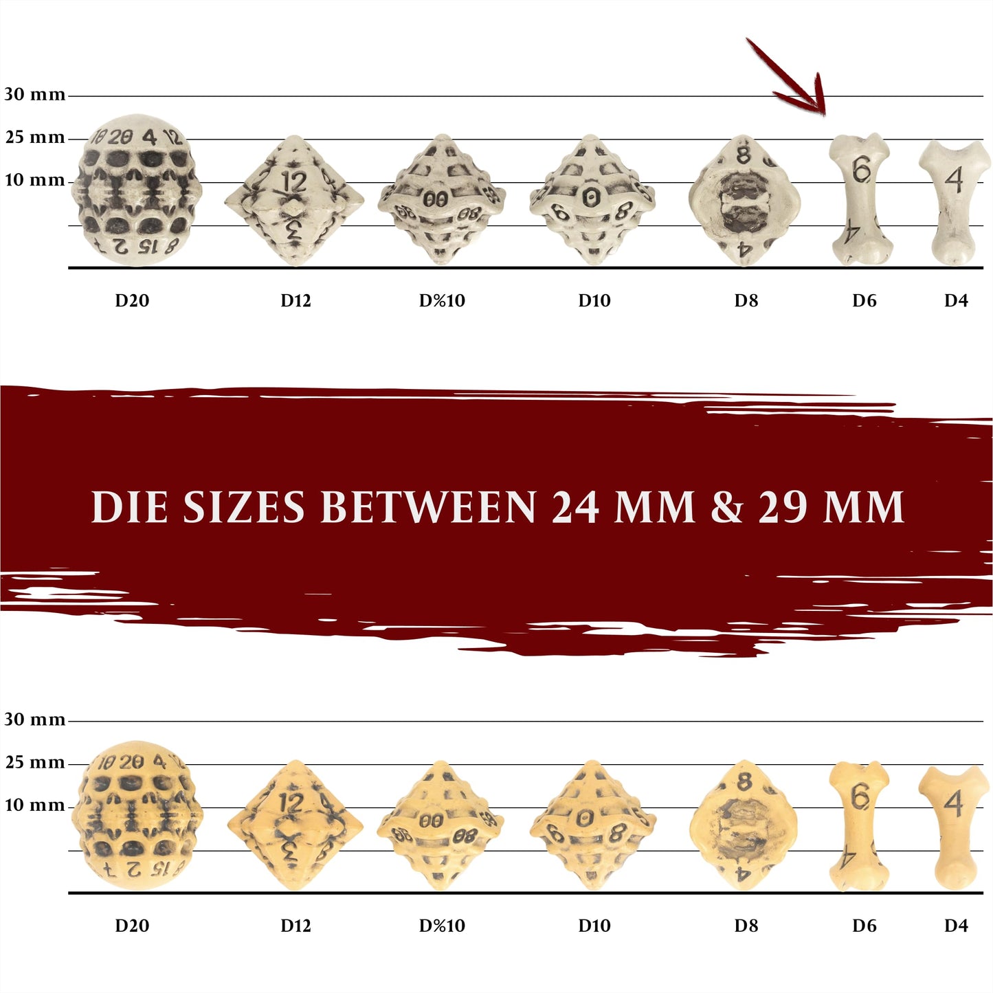 D6 Dice Set - Set of Six 6 Sided Dice - Skull & Bone Themed RPG Dice. Cool & Unique Gift and Compatible with Dungeons & Dragons (DND), D&D, Pathfinder, D and D. (Cleaned Bone White)