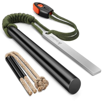 Ferro Rod Fire Starter Kit – 5" Flint and Steel with Two Waxed Tinder Cord & Paracord for Camping, Hiking, Outdoor Survival, Emergency Preparedness