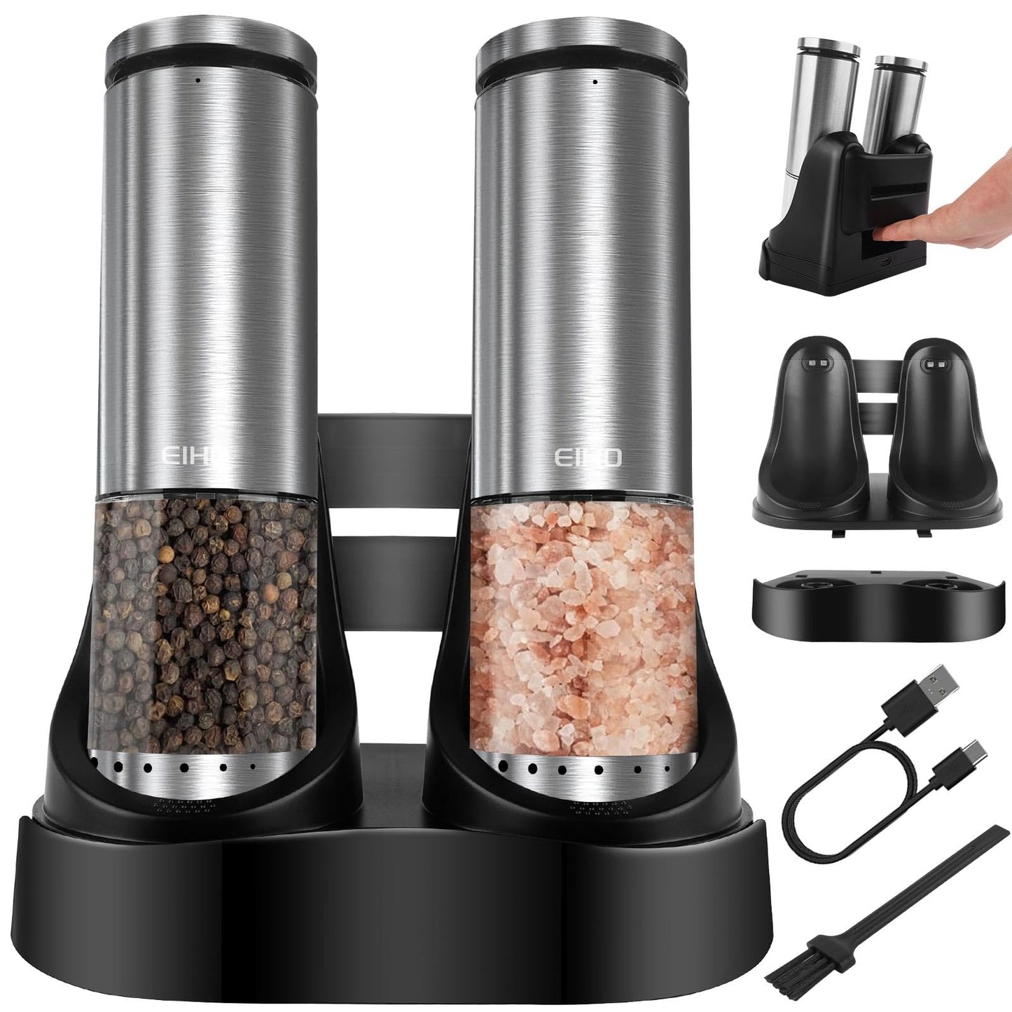 EIHO Electric Salt and Pepper Grinder Set USB Rechargeable, Upgraded External Adjustable Coarseness, Stainless Steel Automatic Salt and Pepper Shakers Mills with LED Light, House Warming Cooking Gifts
