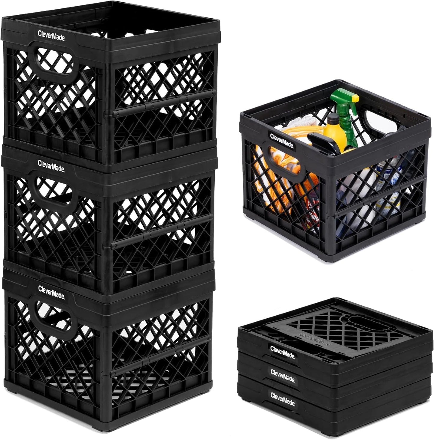 CleverMade Collapsible Milk Crate, Obsidian, 1PK - 25L (6 Gal) Stackable Storage Bins, Holds 50lbs Per Bin - Clevercrates are Heavy Duty, Plastic Collapsible Storage Crate for Multi Purposes