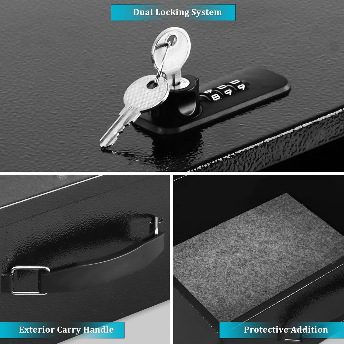 Dalmbox Portable Metal Safe Box with Dual Combination and Key Lock - Fire Resistant Storage for Documents, Car, Home and Outside - X Large 13.2"x 11"x 5.1" Black Box