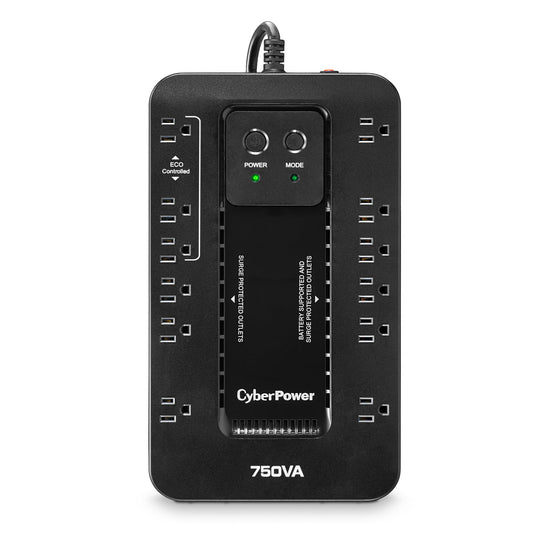 CyberPower EC750G Ecologic Battery Backup & Surge Protector UPS System, 750VA/450W, 12 Outlets, ECO Mode, Compact Uninterruptible Power Supply, Black