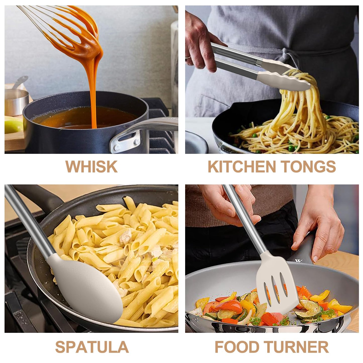 Kitchen Utensils Set-Umite Chef 34 Pcs Silicone Cooking Utensils Set for Nonstick Cookware-Silicone Spatulas Set, Stainless Steel Handle-Khaki Kitchen Gadgets Tools, Pots and Pans Accessories