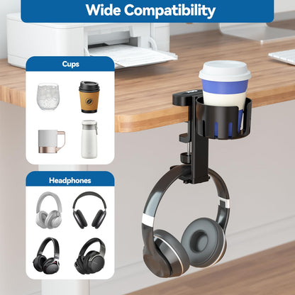 KDD 2 in 1 Headphone Hanger with Desk Cup Holder - Under Desk Clamp Rotatable Headset Holder - Suitable for Coffee Mups, Water Cups, Headphone(Black)