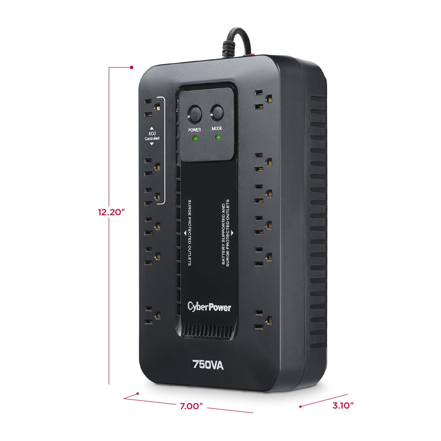 CyberPower EC750G Ecologic Battery Backup & Surge Protector UPS System, 750VA/450W, 12 Outlets, ECO Mode, Compact Uninterruptible Power Supply, Black