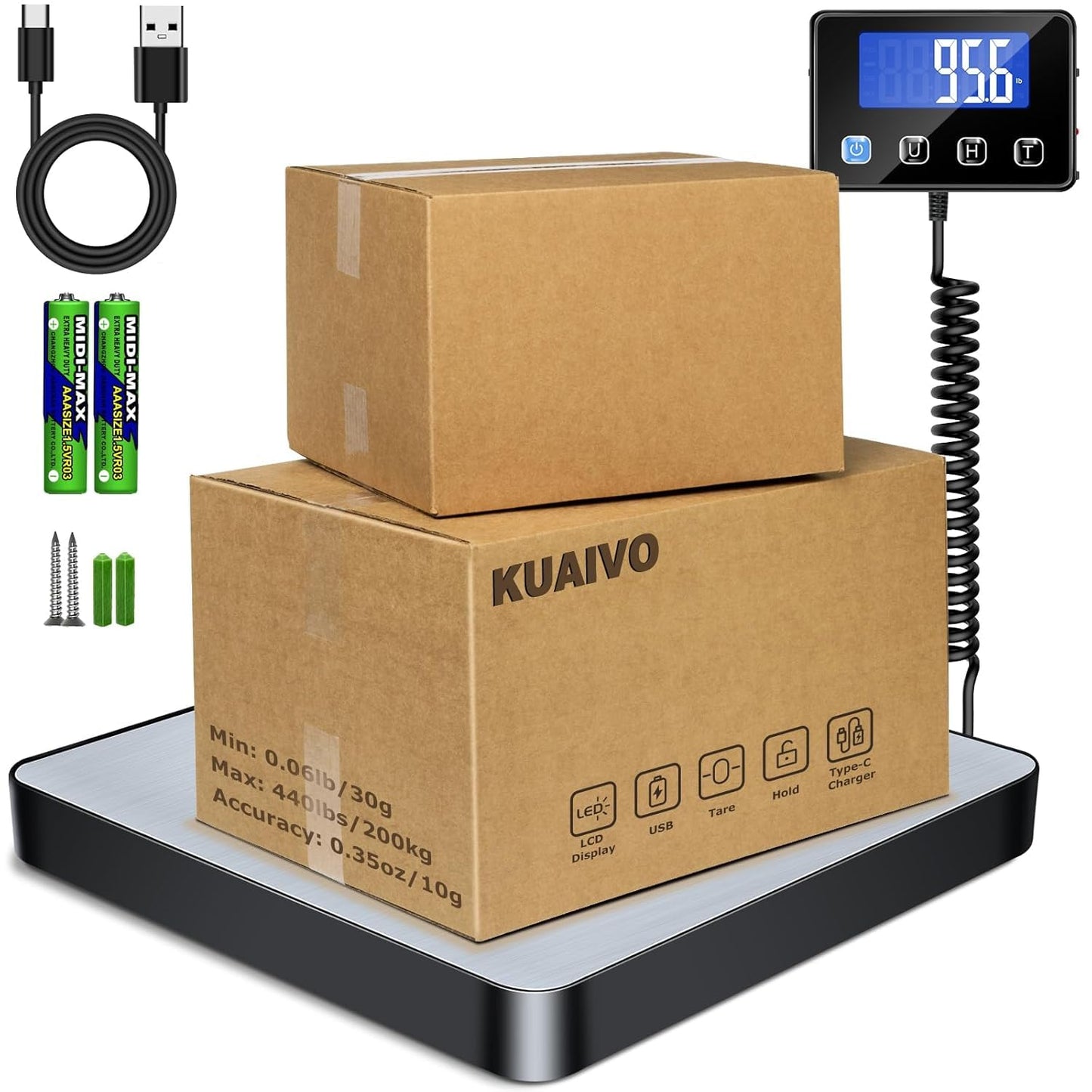 KUAIVO Shipping Scale, 440 lbs/0.35oz High Accurate Digital Postal Scale with Hold/Tare Function, Shipping Scale for Small Business, Packages, Luggage, Home Use, Battery & Charging Cable Include