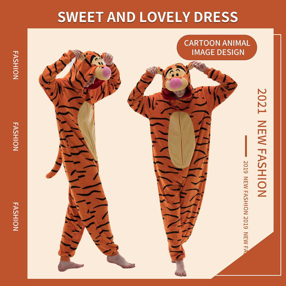 COSUSKET Snug Fit Unisex Adult Tigger Onesie Pajamas, Flannel Cosplay Animal One Piece Halloween Costume Sleepwear Homewear Orange