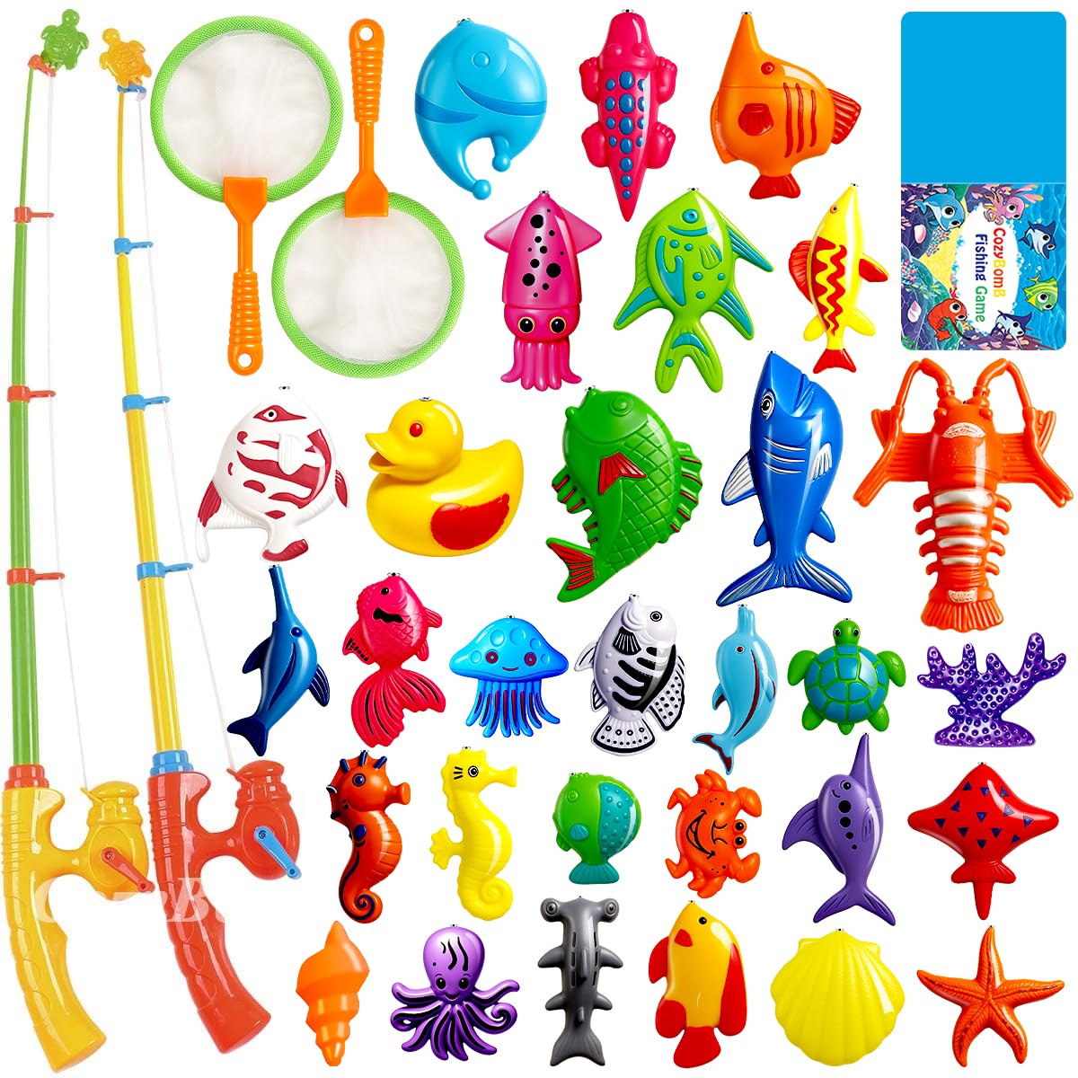 CozyBomB™ Magnetic Fishing Toys Game Set for Kids | Water Table Bathtub Kiddie Pool Party & Pole Rod Net, Plastic Floating Fish Toddler Color Ocean Sea Animals Birthday Age 3 4 5 6 Year