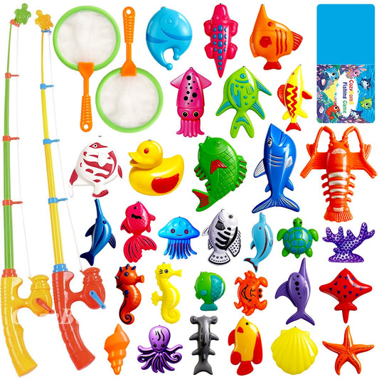 CozyBomB™ Magnetic Fishing Toys Game Set for Kids | Water Table Bathtub Kiddie Pool Party & Pole Rod Net, Plastic Floating Fish Toddler Color Ocean Sea Animals Birthday Age 3 4 5 6 Year