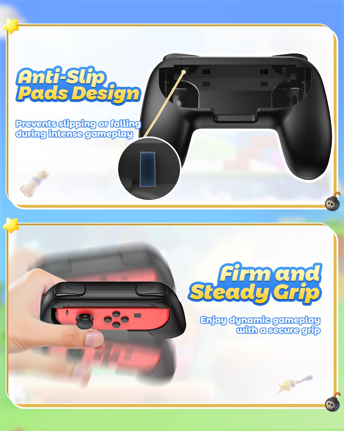 FYOUNG Hand Grips for Switch and Switch OLED Model Controllers, Grip for Switch for Joy Con - Black(2 Packs)
