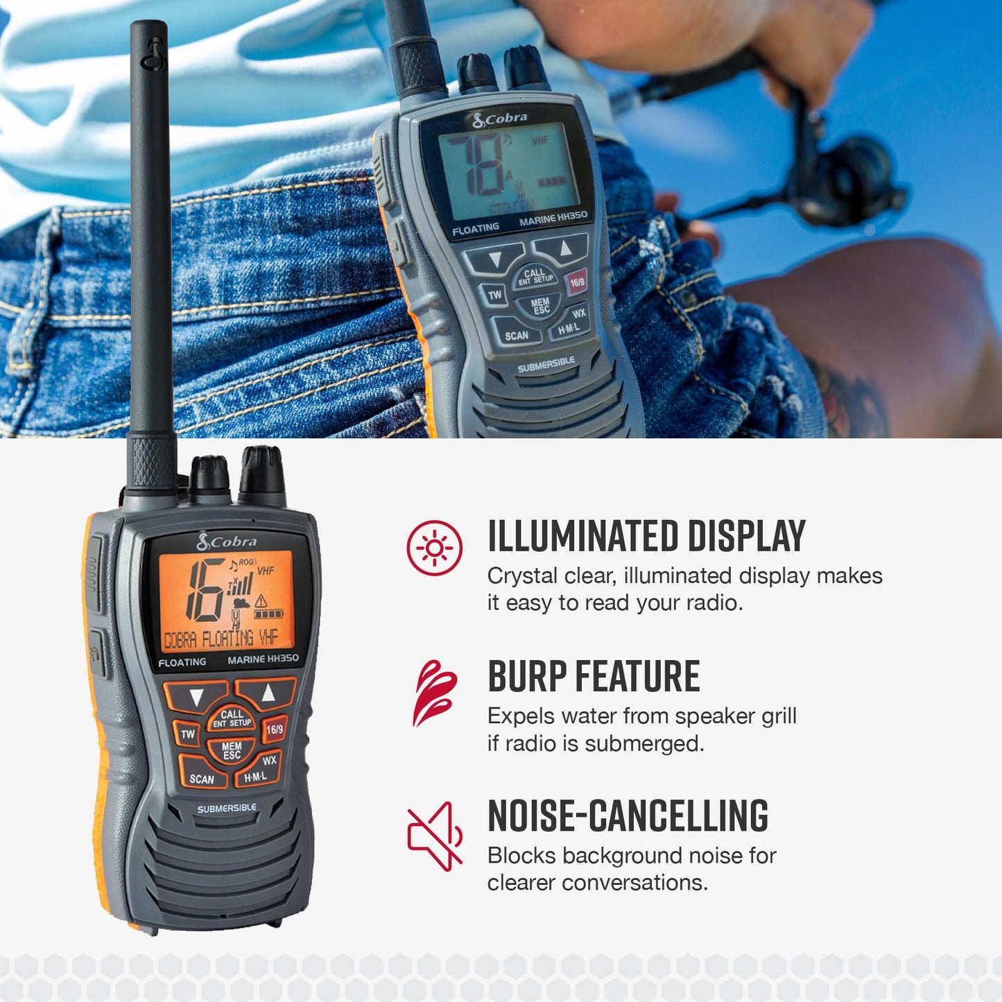 Cobra MR HH350 FLT Handheld Floating VHF Marine Radio - 6 Watt, Submersible, Noise Cancelling Mic, Backlit LCD Display, NOAA Weather, and Memory Scan, Grey