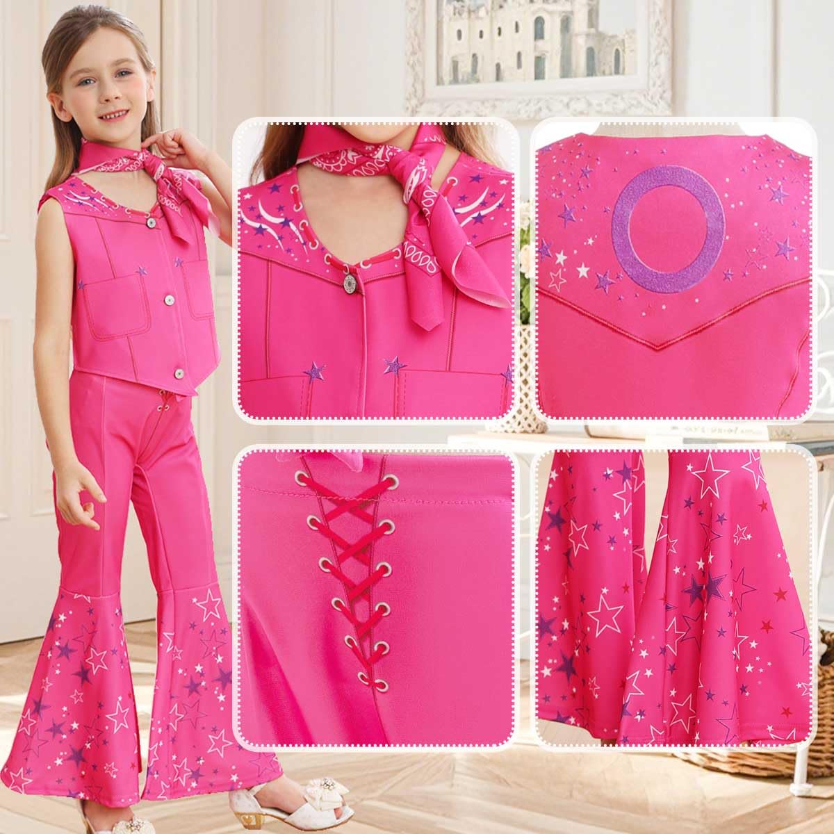 iTVTi Cowgirl Costume Girls Hot Pink Kids Disco Outfits Movie Dress up for Halloween Birthday Party Cosplay, 6-7 Years (Tag 130)