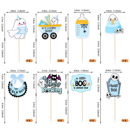 32 PCS Halloween Baby Shower Cupcake Toppers Ghost Bat Welcome Baby Boo Cupcake Picks Baby Carriage Bottle It's a Boy Cake Decorations for Halloween Theme Baby Shower Boys Birthday Party Supplies