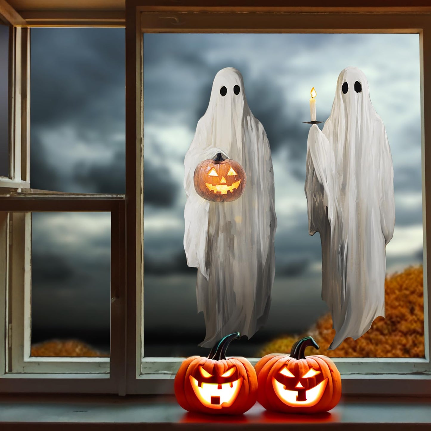 Halloween Decorations Window Clings Decor, 3pcs Extra Large Scary White Ghosts with Pumpkin Lantern Halloween Window Decals Indoor, Creppy School Home Office Party Supplies for Glass Windows, 3 Sheets