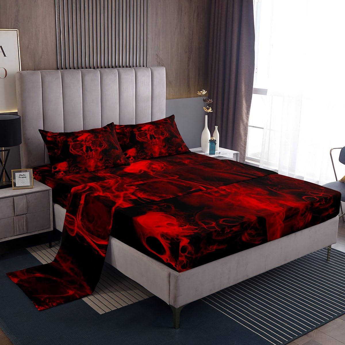 Gothic Skull Bed Sheets Red and Black Skeleton Sheet Set Full For Boys Teens Men Women,Psychedelic Goth Skull Bedding Set Trippy Smoke Halloween Fitted Sheet + Horror Flat Sheet + 2 Pillow Cases