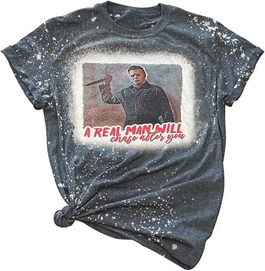 Horror Movies Bleached Tshirt Women Funny Letter Print Halloween Party Shirt Michael Myers Novelty Graphic Tee Tops (XXL, Gray)