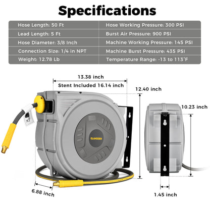 GLAHODEN Enclosed Retractable Air Hose Reel, 3/8 in x 50 Ft Hybrid Hose Air Compressor Hose Reel with 5 Ft Lead in Max 300 PSI Patented Design for Any Length Lock 180°Swivel Bracket Quick Coupler