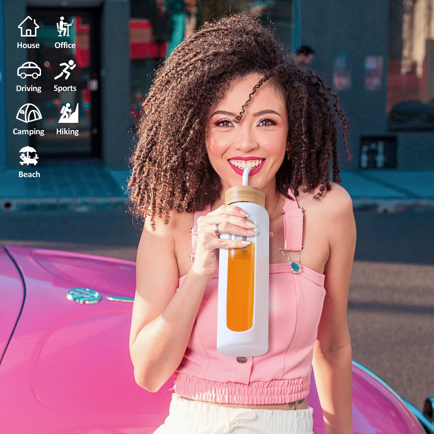 Kodrine 32oz Glass Water Bottle with Straw, Glass Drinking Bottle with 2 lids-Bamboo and Spout Lid, Leakproof Daily Water Intake Bottle with Time Marker for Home,Outdoor Sports, BPA free, White