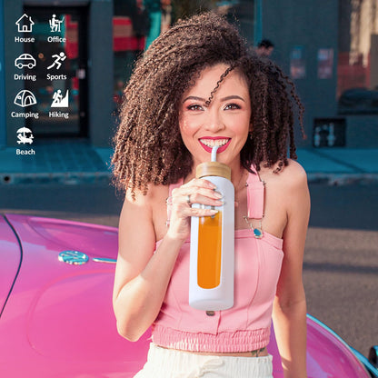 Kodrine 32oz Glass Water Bottle with Straw, Glass Drinking Bottle with 2 lids-Bamboo and Spout Lid, Leakproof Daily Water Intake Bottle with Time Marker for Home,Outdoor Sports, BPA free, White