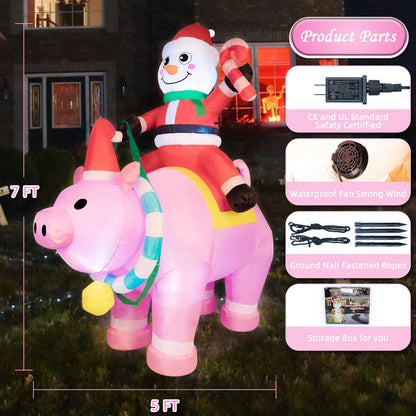 7FT Halloween Inflatables Cute Inflatable Halloween Inflatable Santa with Pink Pig Halloween Decorations Outdoor Halloween Blow Up for Yard, Outside, Built-in LED Lights with Tether