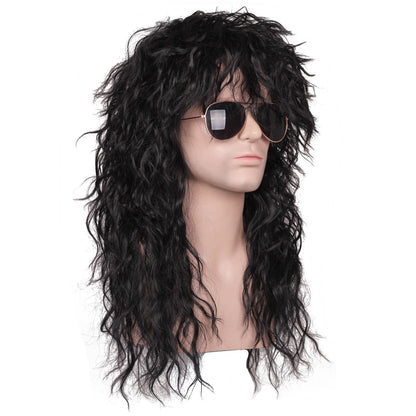FantaLook Mens 80S Long Curly Black Rocker Costume Wig