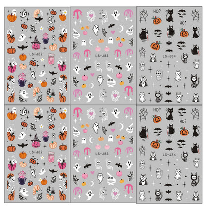 Halloween Nail Art Stickers Cute Ghost Pumpkin 3D Self-Adhesive Nail Decals Bat Cat Skull Designs Nail Decorations Halloween DIY Manicure Supplies for Women Girls&Kids 6Pcs