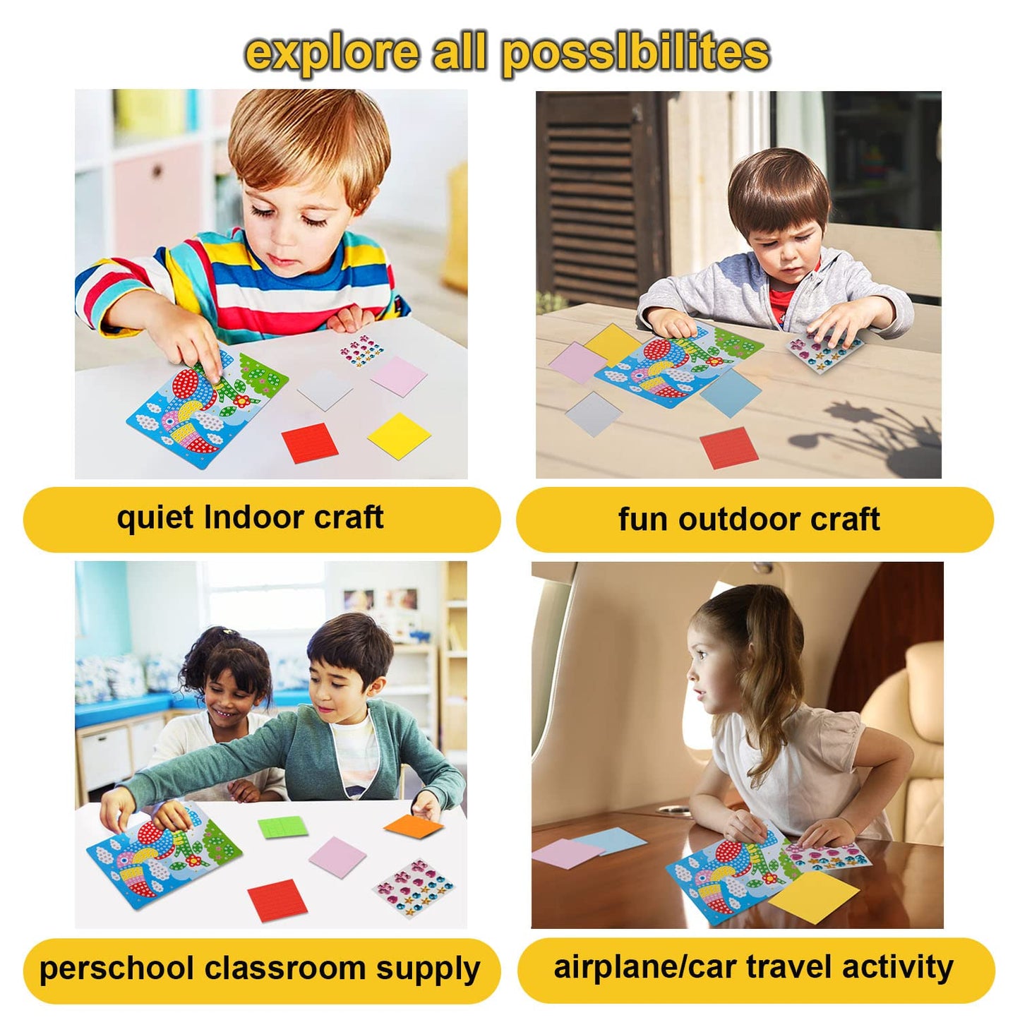 LZHZH Mosaic Sticker Art Sticky DIY Handmade Art Kits for Kids - Sunflower, Butterfly, Sailboat, Woodpecker, hot air Balloon, Airplane (6 Pack) (Handmade Art Kits for Kids)