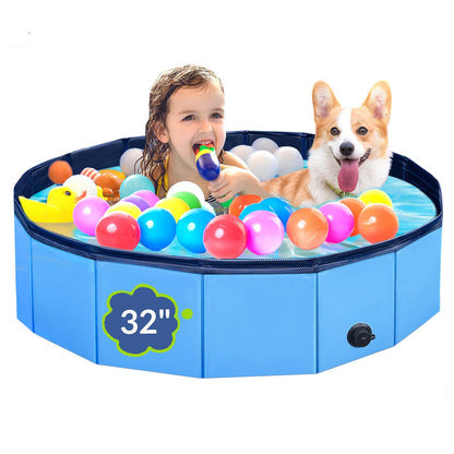 Dog Pool, Foldable Pet Swimming Pool with 6mm High-Strength PP Board, Hard Plastic Collapsible Doggy Pools for Small Dogs Kitty Duck,Non-Slip Doggie Bathtub Quick to Set Up and Drainage Hole(32x8in)