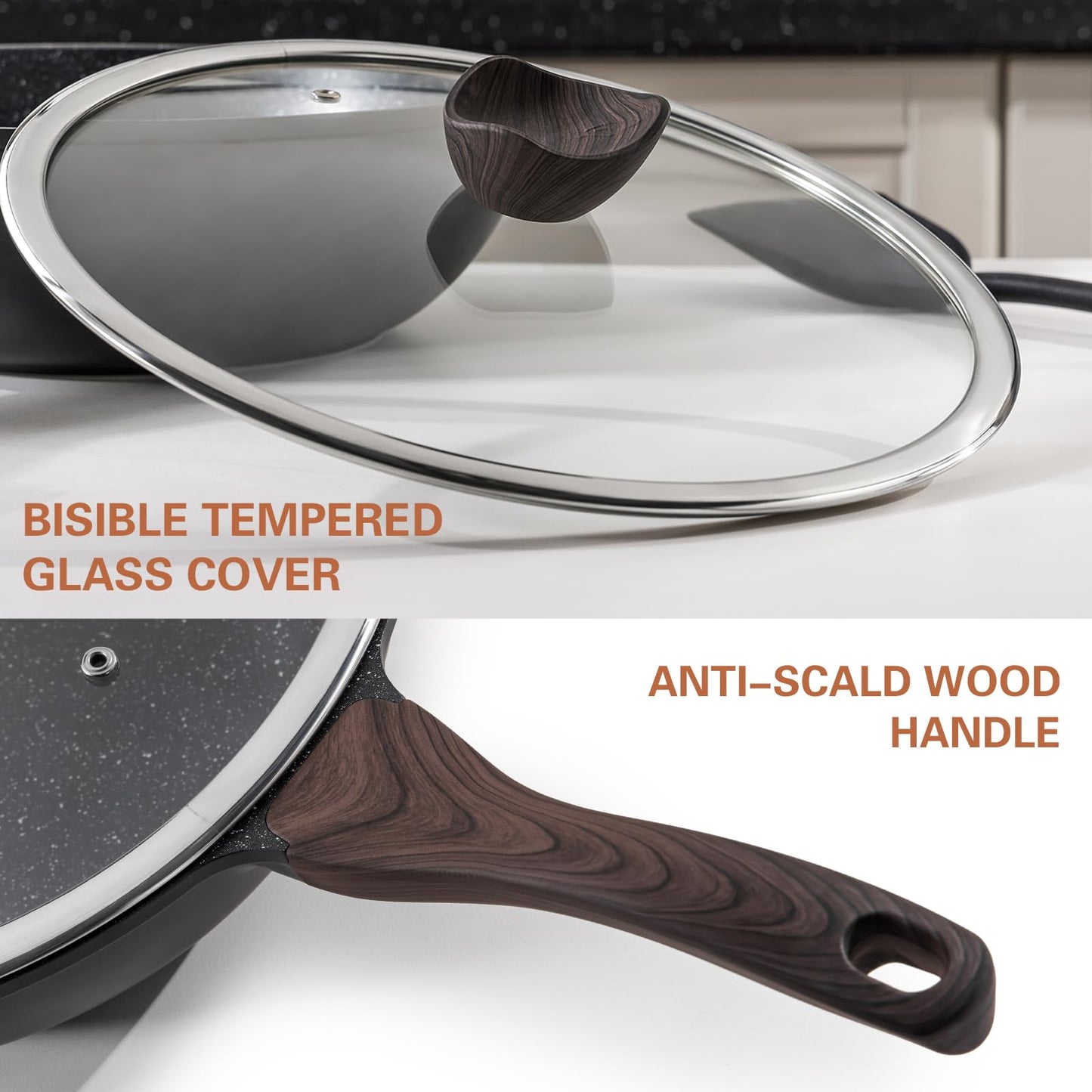 Kordisen Nonstick Wok with Lid, 12 Inch Woks & Stir-fry Pans, Granite Stone Coating for Cooking, Induction Cookware, Compatible with All Stovetops, PFOA Free