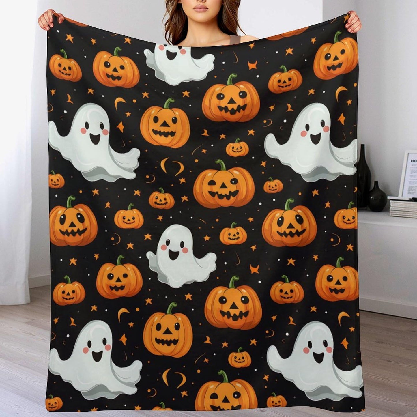 Flannel Fleece Blanket, Throw Soft Warm Fluffy Plush Blanket, Spider Webs Witch's Hat Black Bats and Decorated Pumpkins Print on Bed Couch Chair Living Room(40 * 30in,Halloween Happy)