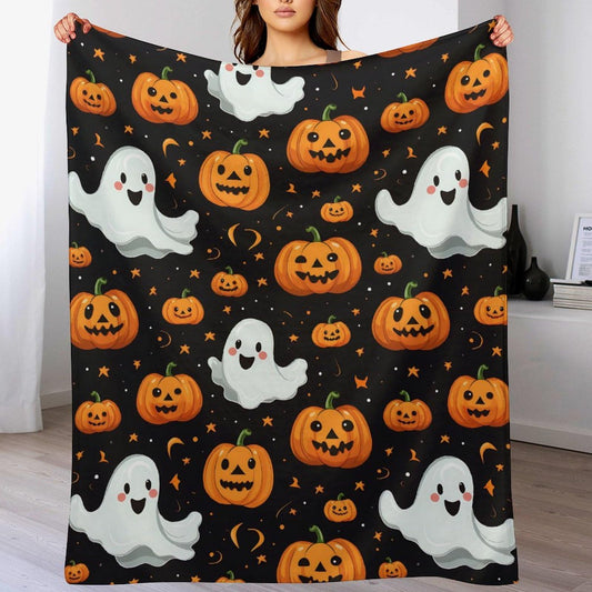 Flannel Fleece Blanket, Throw Soft Warm Fluffy Plush Blanket, Spider Webs Witch's Hat Black Bats and Decorated Pumpkins Print on Bed Couch Chair Living Room(40 * 30in,Halloween Happy)