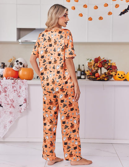 Ekouaer Satin Hallowen Pajama Set Womens Short Sleeve V Neck Shirt with Long Pant Soft Loungewear Pjs Set