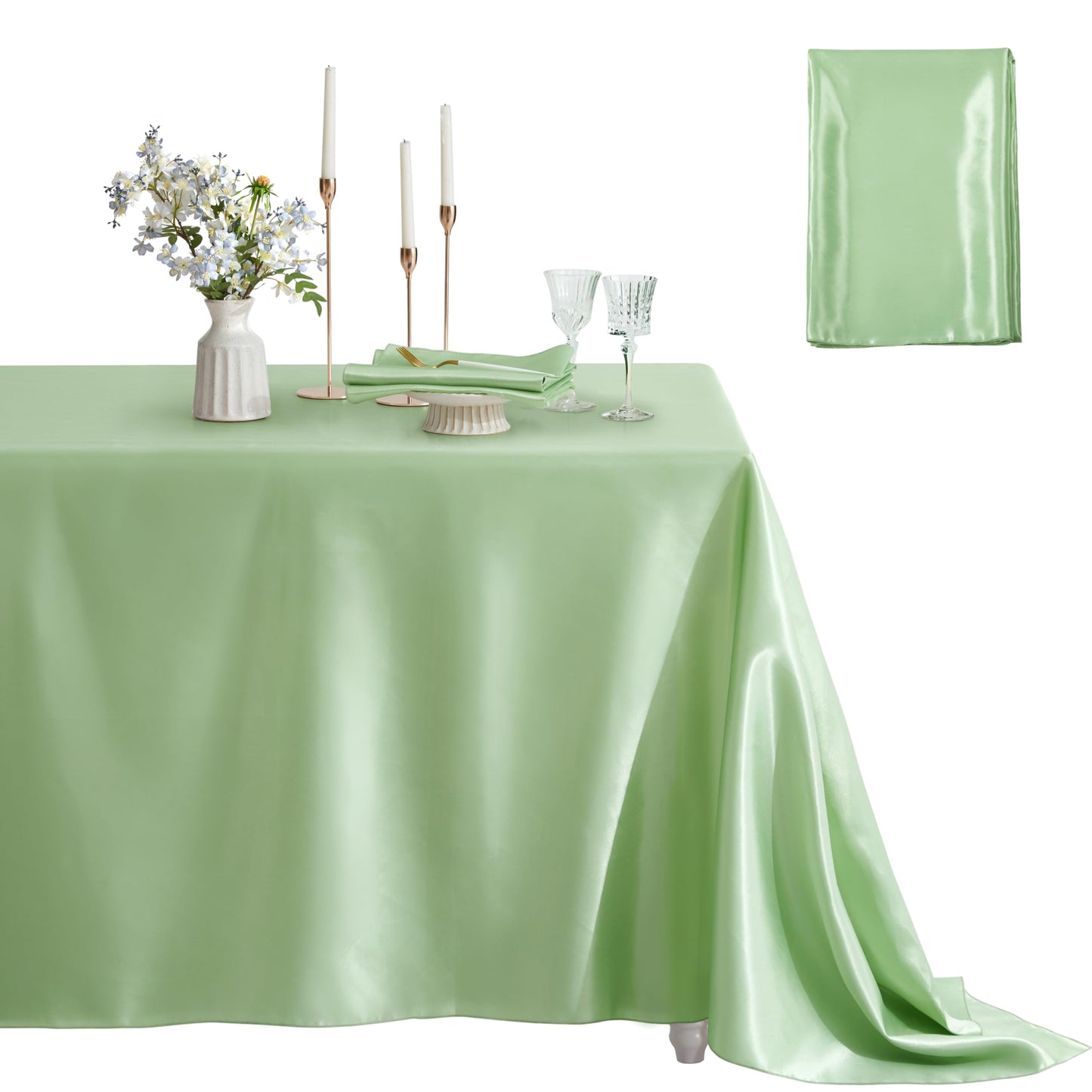 Counfeisly 1 Pack Satin Table Cover Rectangle Silkly Soft Table Cloth, Satin Dining Table Cloths for Wedding Banquet Table Decoration, Dining Room, Indoor and Outdoor Use, 60 x 120 Inches, Sage Green