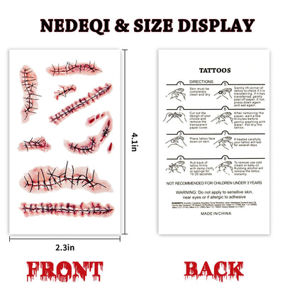 20 Sheets Halloween Zombie Temporary Tattoos - NEDEQI Chucky Scar Fake Blood Tattoos Waterproof Realistic Stitches Wound Temp Tattoo for Chucky Cosume Prank Makeup Cosplay Kids Men Women Adults