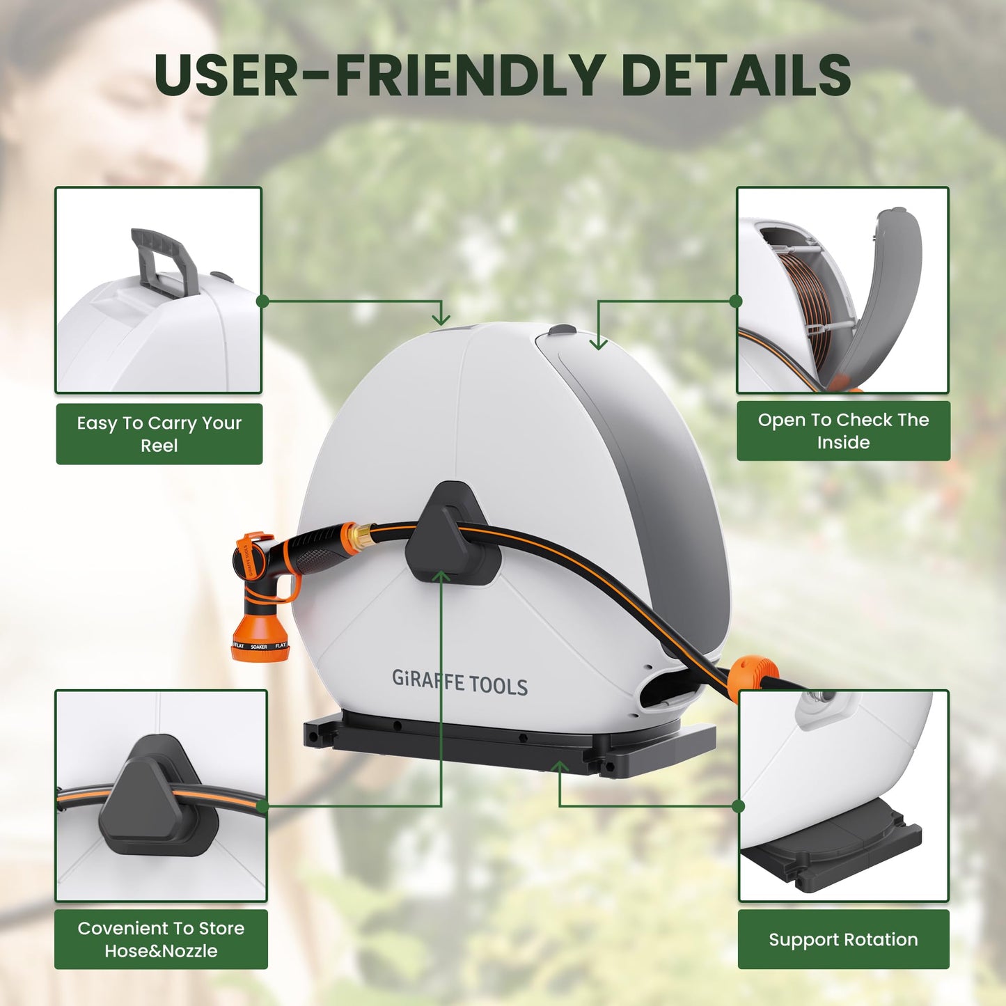 Giraffe Tools Ground Mounted Retractable Hose Reel 1/2 Inch x 130FT, Heavy Duty Automatic Rewind Garden Hose Reel, with Flexible Swivel Base for Lawn, Concrete Floor