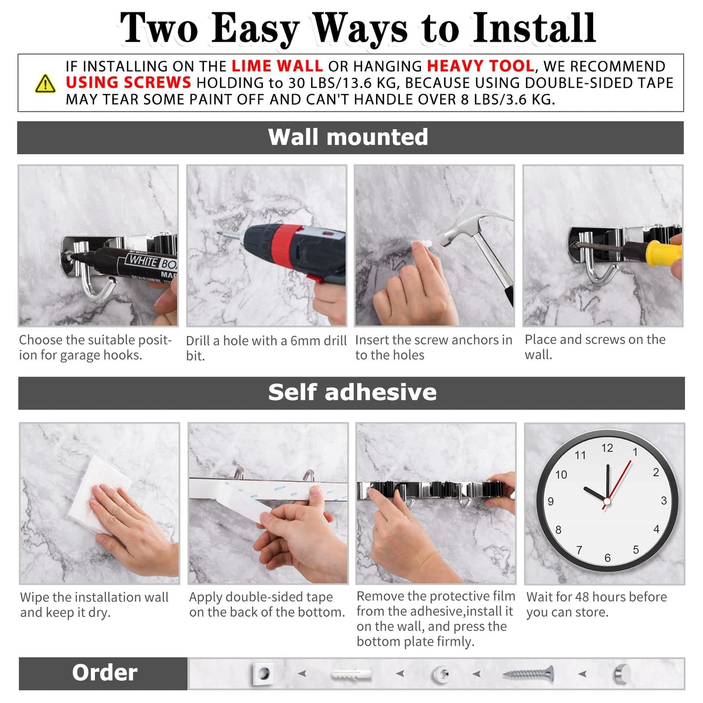 2 Pack 3 Racks and 4 Hooks Broom and Mop Holder Wall Mounted Garage Organizer Storage Tool Racks Stainless Steel Heavy Duty Hooks Self Adhesive Solid Non-slip Wall Hangers for Home Kitchen Garden