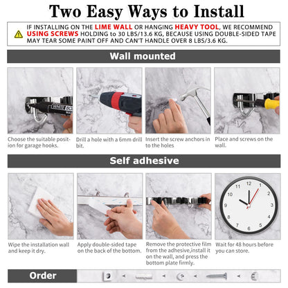 2 Pack 3 Racks and 4 Hooks Broom and Mop Holder Wall Mounted Garage Organizer Storage Tool Racks Stainless Steel Heavy Duty Hooks Self Adhesive Solid Non-slip Wall Hangers for Home Kitchen Garden