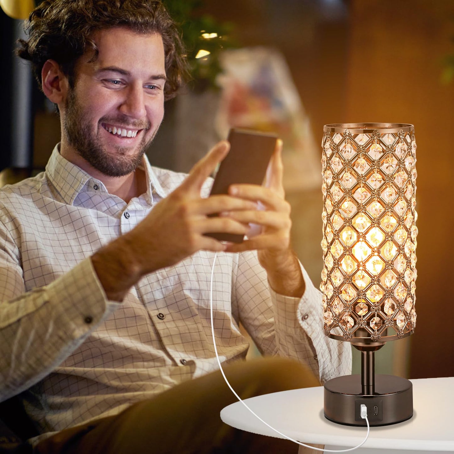 Hong-in Crystal Table Lamp,Black Lamp with USB C+A Ports, 3 Way Dimmable Light with Crystal Lampshade, Bedside Lamp Small Touch Light for Living Room Bedroom, Charge Phone (Bulb Included)