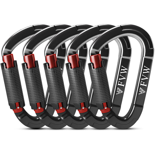 FVW Auto Locking Rock Climbing Carabiner Clips, UIAA Certified Professional 25KN (5620 lbs) Heavy Duty Caribeaners for Rappelling Swing Rescue & Gym etc, Large D-Shaped Carabiners, (Black) 5 Pack