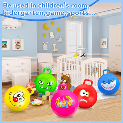 5 Pcs Hopper Ball Carnival Outdoors Jumping Hopping 18 Inch Bouncing Ball with Handle and Air Pump for Kids Sports School Ride Games Balance Exercise Fun